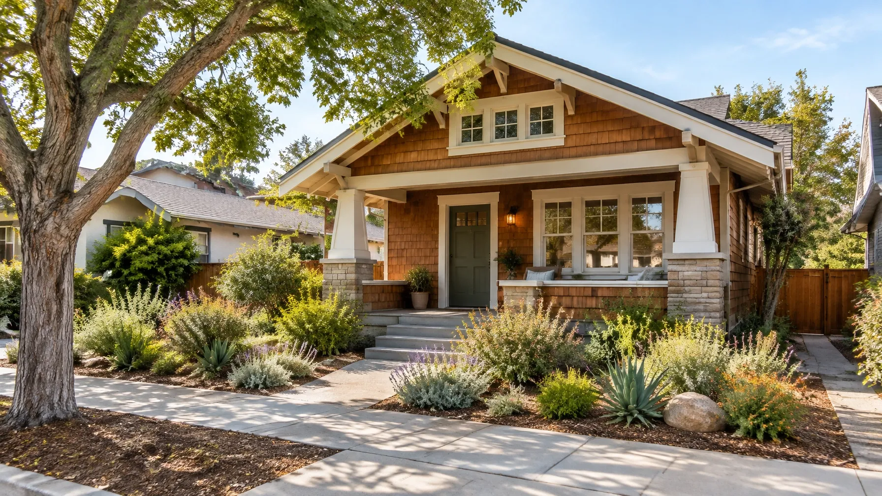 Craftsman bungalow in a leafy San Diego neighborhood